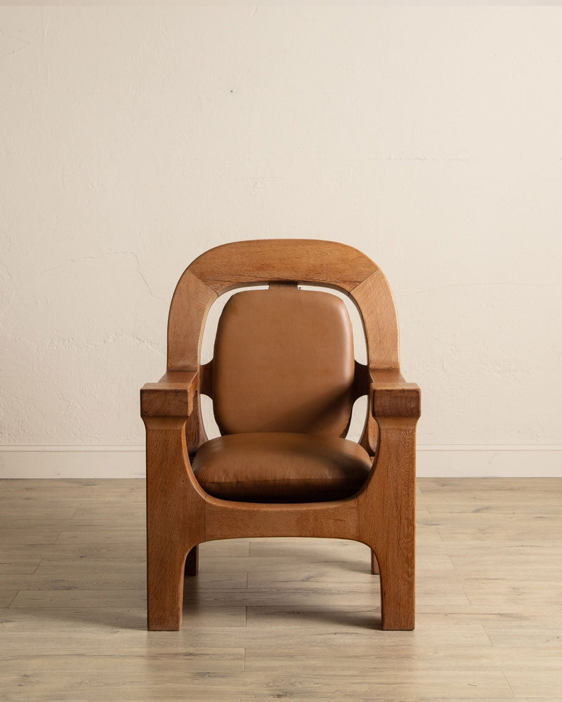 Dutch Brutalist Oak & Leather Lounge Chair, 1970's - Lone Fox