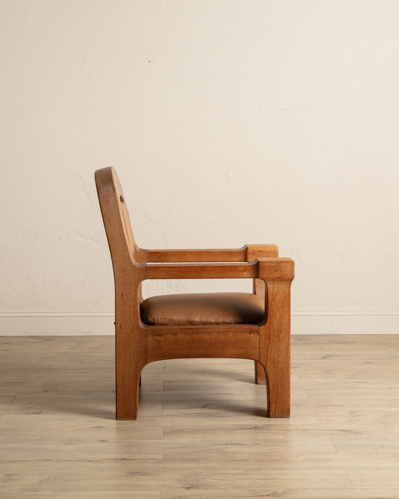 Dutch Brutalist Oak & Leather Lounge Chair, 1970's - Lone Fox