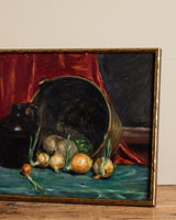 Early 20th Century Still Life Oil Painting in Hammered Gilt Frame, Signed - Lone Fox