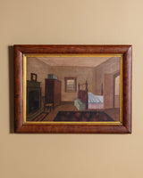 Early American Folk Bedroom Interior Oil Painting, 19th Century - Lone Fox