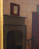 Early American Folk Bedroom Interior Oil Painting, 19th Century - Lone Fox