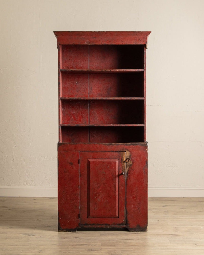 Early American Red Painted Stepback Cupboard, 19th Century - Lone Fox