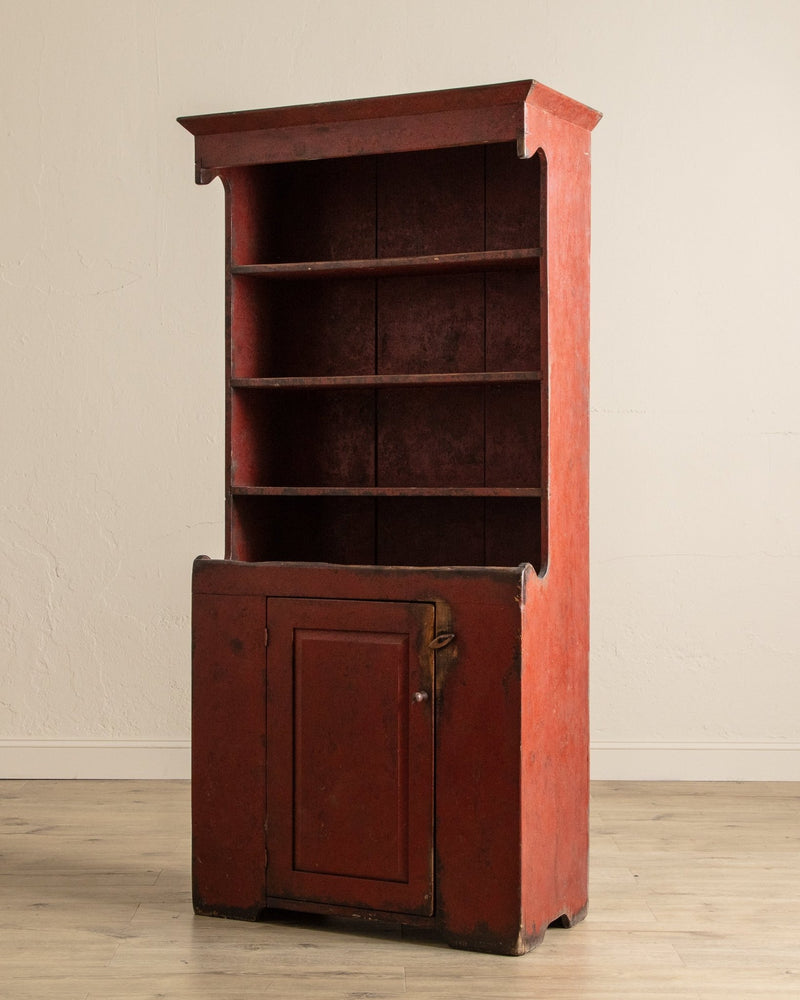 Early American Red Painted Stepback Cupboard, 19th Century - Lone Fox