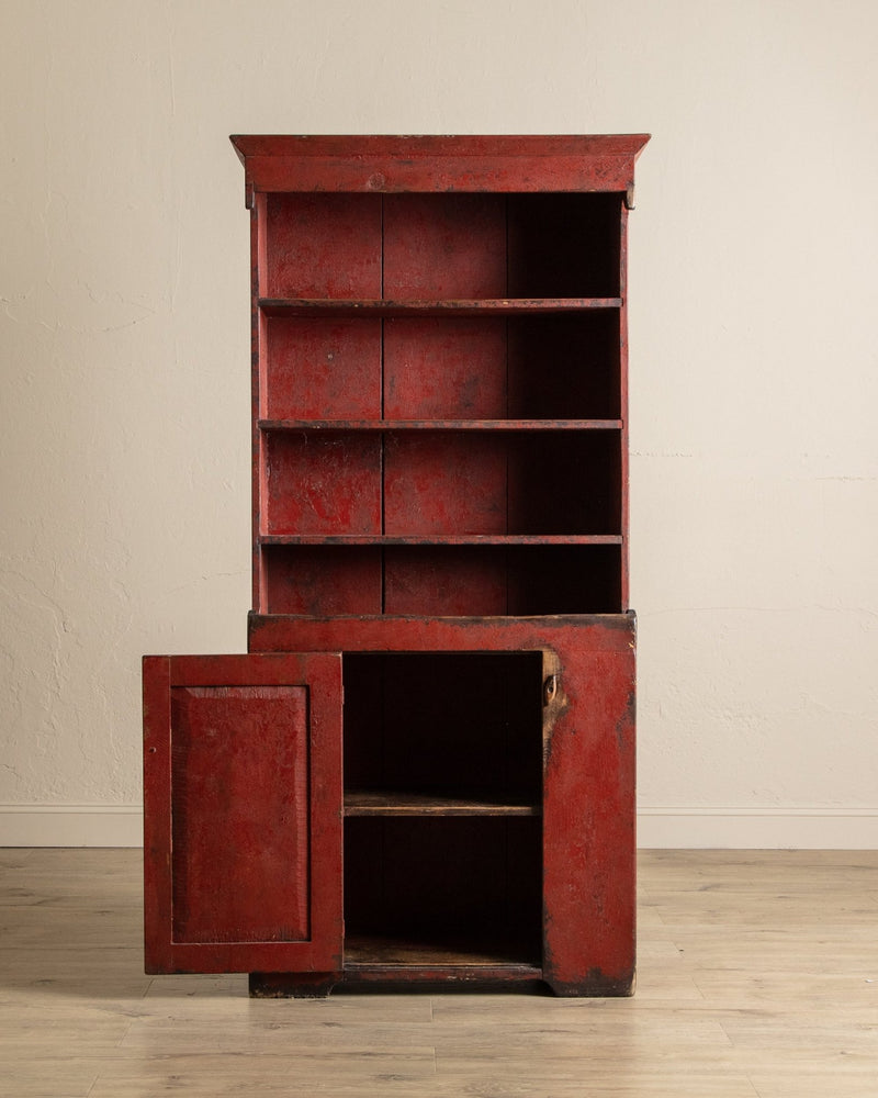 Early American Red Painted Stepback Cupboard, 19th Century - Lone Fox
