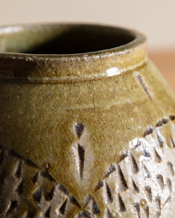 Embossed Green Round Studio Pottery Vase, 1970's - Lone Fox