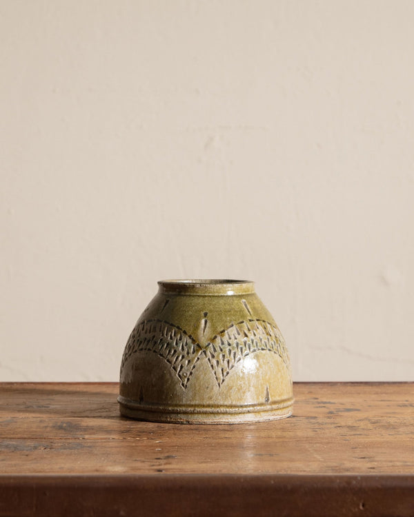 Embossed Green Round Studio Pottery Vase, 1970's - Lone Fox