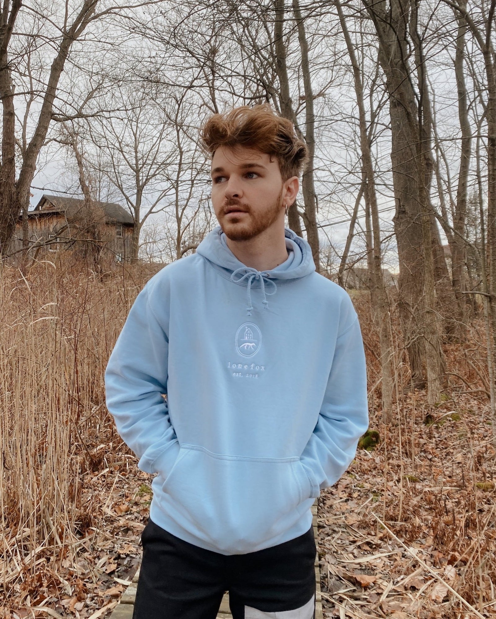 Embroidered Logo Hoodie Soft Blue Lone Fox