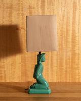 Emerald Glazed Figural Lamp with Linen Shade, 1950's - Lone Fox