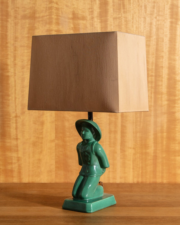 Emerald Glazed Figural Lamp with Linen Shade, 1950's - Lone Fox