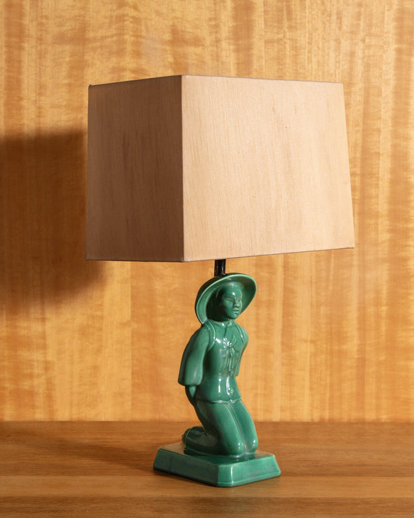 Emerald Glazed Figural Lamp with Linen Shade, 1950's - Lone Fox