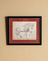 Equestrian Horse Pencil Sketch with Red Linen Mat, France, 1930s - Lone Fox