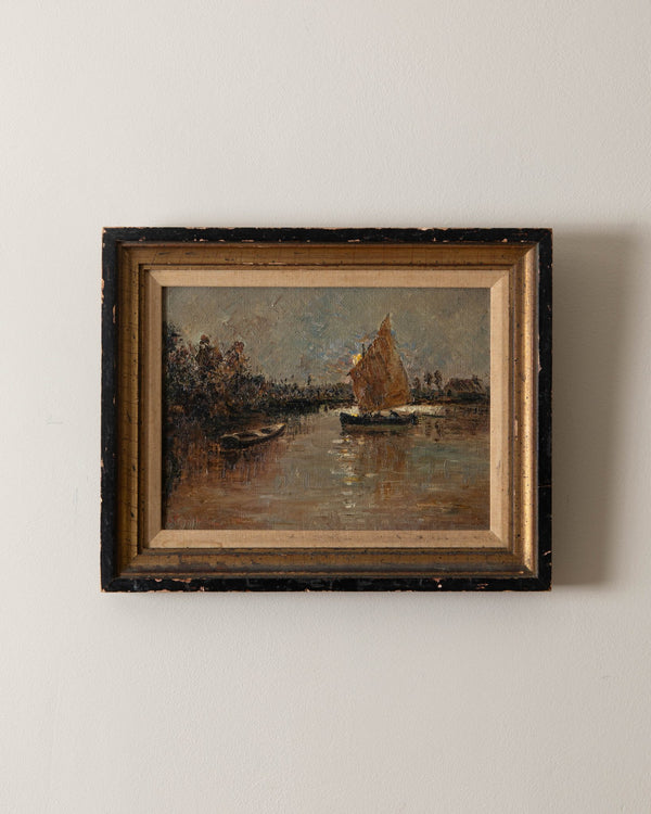 European Boat Harbor Landscape Oil Painting - Lone Fox