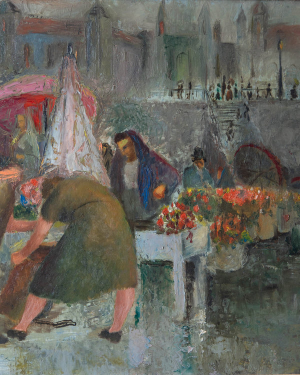 European Flower Market Impressionist Oil Painting, 1960's - Lone Fox