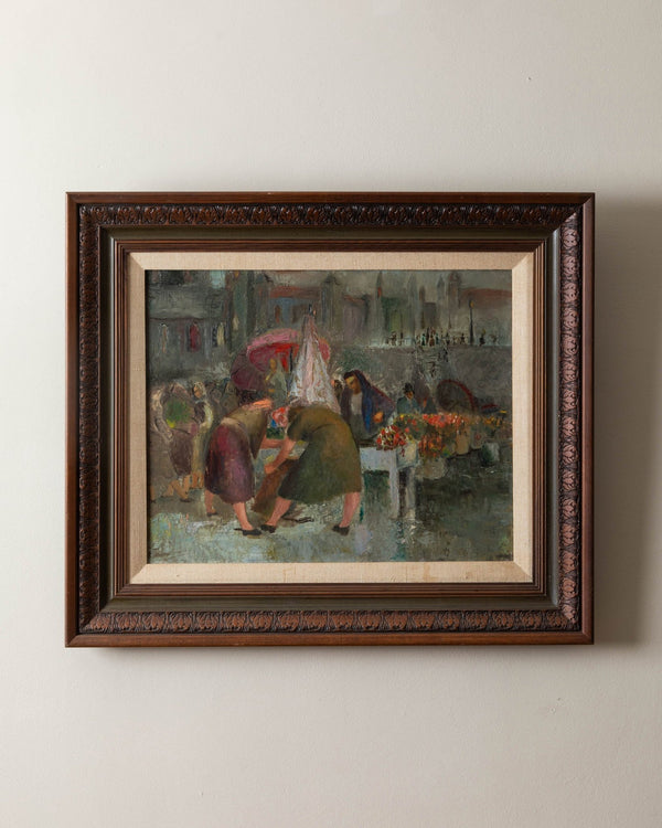 European Flower Market Impressionist Oil Painting, 1960's - Lone Fox