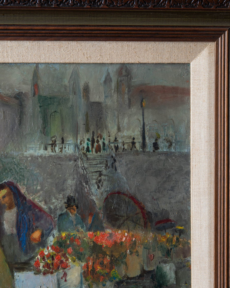 European Flower Market Impressionist Oil Painting, 1960's - Lone Fox