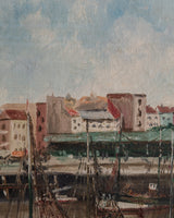 European Harbor Scenery Oil Painting in Painted Frame, France, 1950's - Lone Fox
