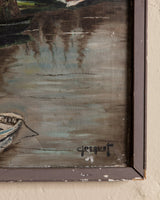 European Harbor Scenery Oil Painting in Painted Frame, France, 1950's - Lone Fox