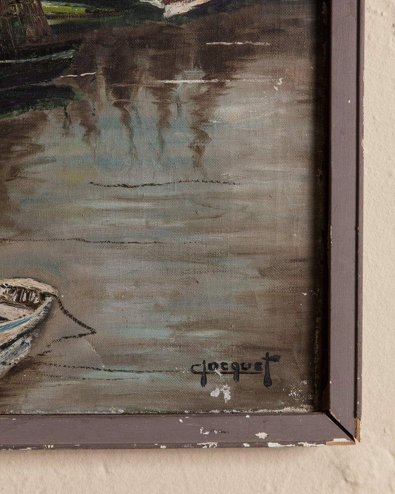 European Harbor Scenery Oil Painting in Painted Frame, France, 1950's - Lone Fox