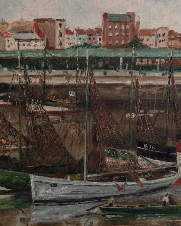European Harbor Scenery Oil Painting in Painted Frame, France, 1950's - Lone Fox