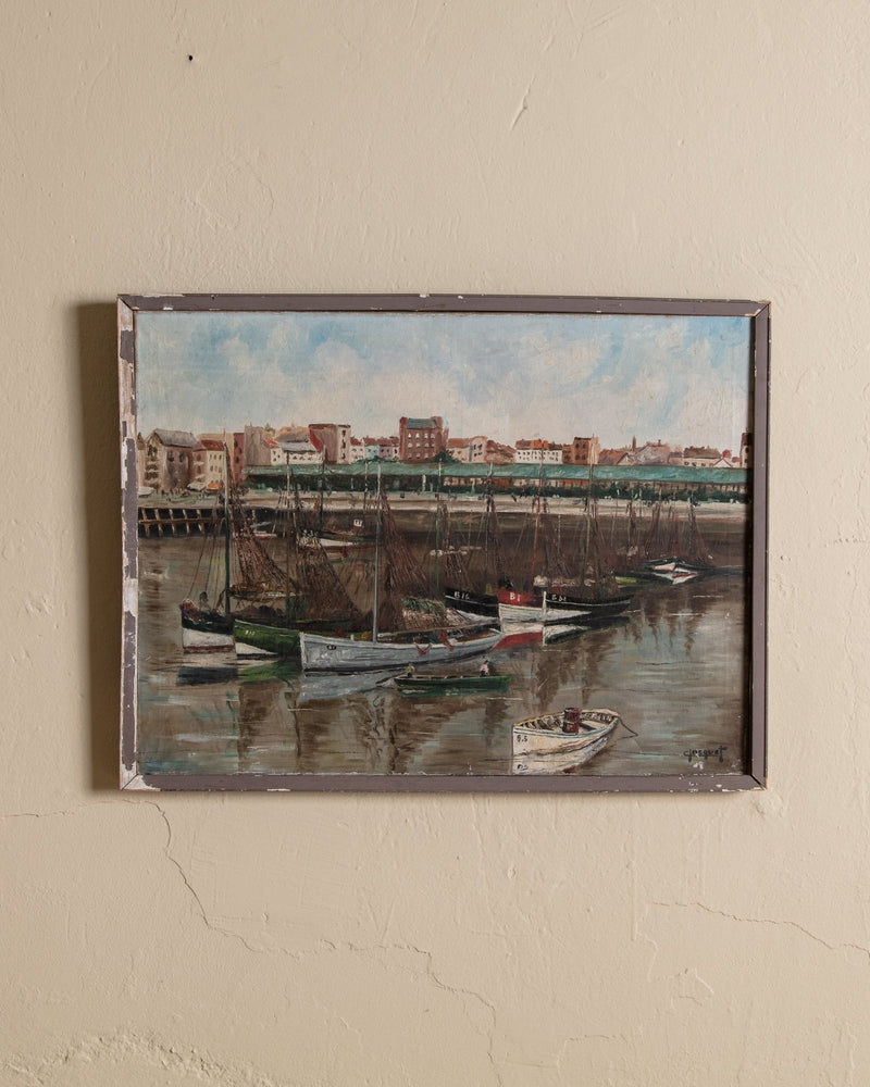 European Harbor Scenery Oil Painting in Painted Frame, France, 1950's - Lone Fox