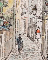 European Street Scene Watercolor Painting, 1960's - Lone Fox