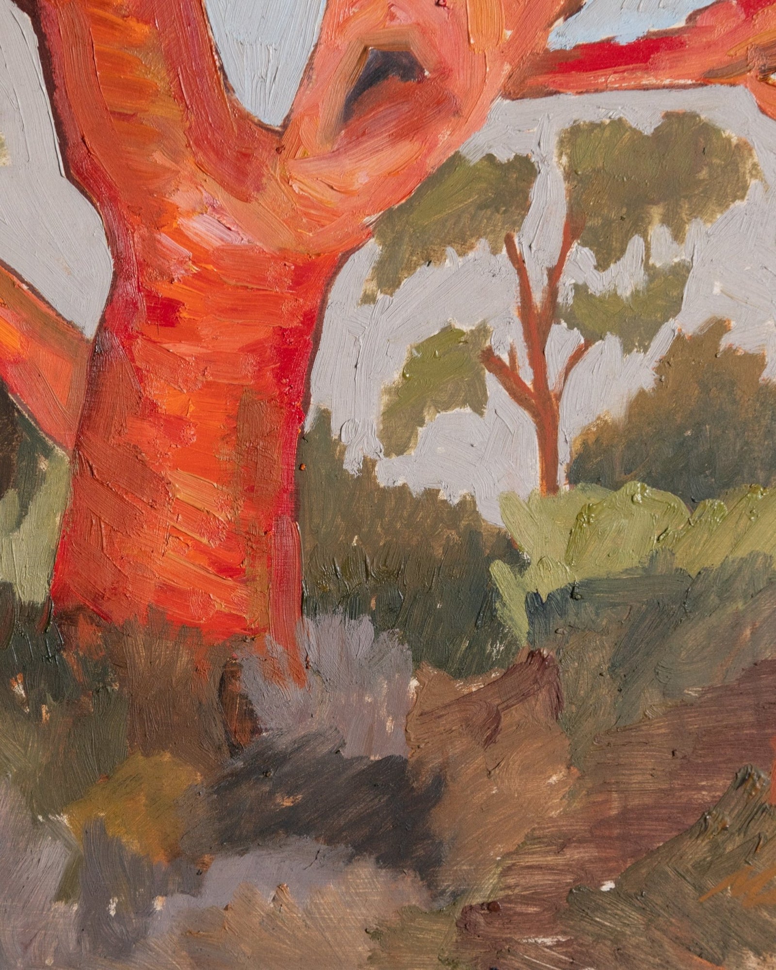 Expressionist Red Tree Oil Painting in Lacquered Frame, Spain
