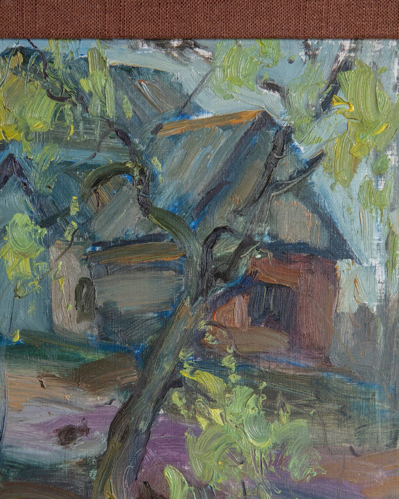 Expressionist Riverscape Oil Painting in Burl Wood Frame, Europe, 1980's - Lone Fox