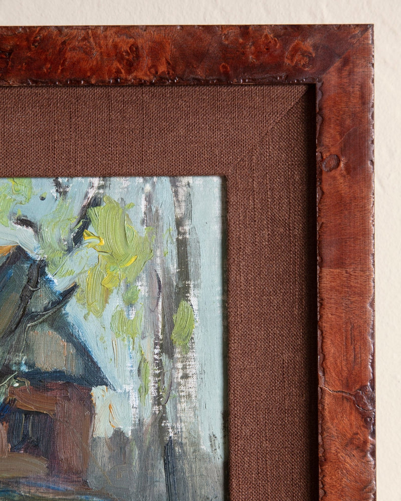 Expressionist Riverscape Oil Painting in Burl Wood Frame, Europe, 1980's - Lone Fox