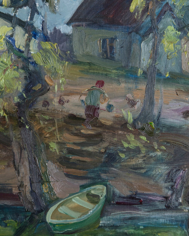 Expressionist Riverscape Oil Painting in Burl Wood Frame, Europe, 1980's - Lone Fox