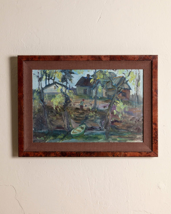 Expressionist Riverscape Oil Painting in Burl Wood Frame, Europe, 1980's - Lone Fox