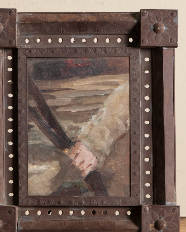 Figural Hand Painting in Unique Copper Frame - Lone Fox