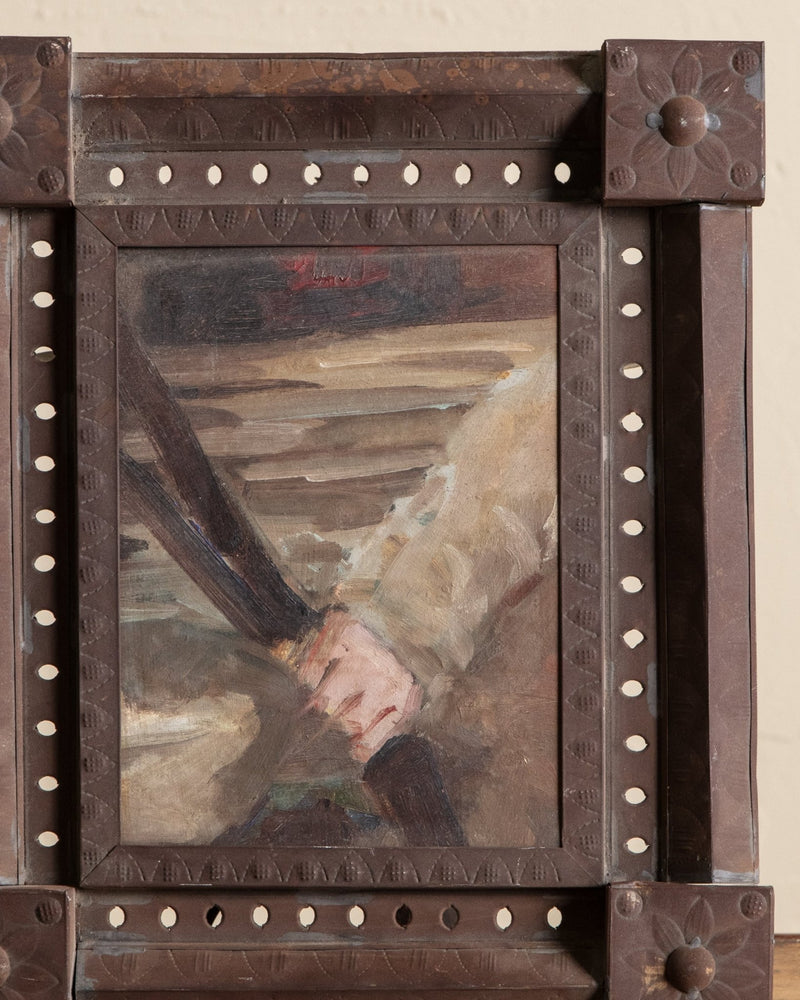 Figural Hand Painting in Unique Copper Frame - Lone Fox