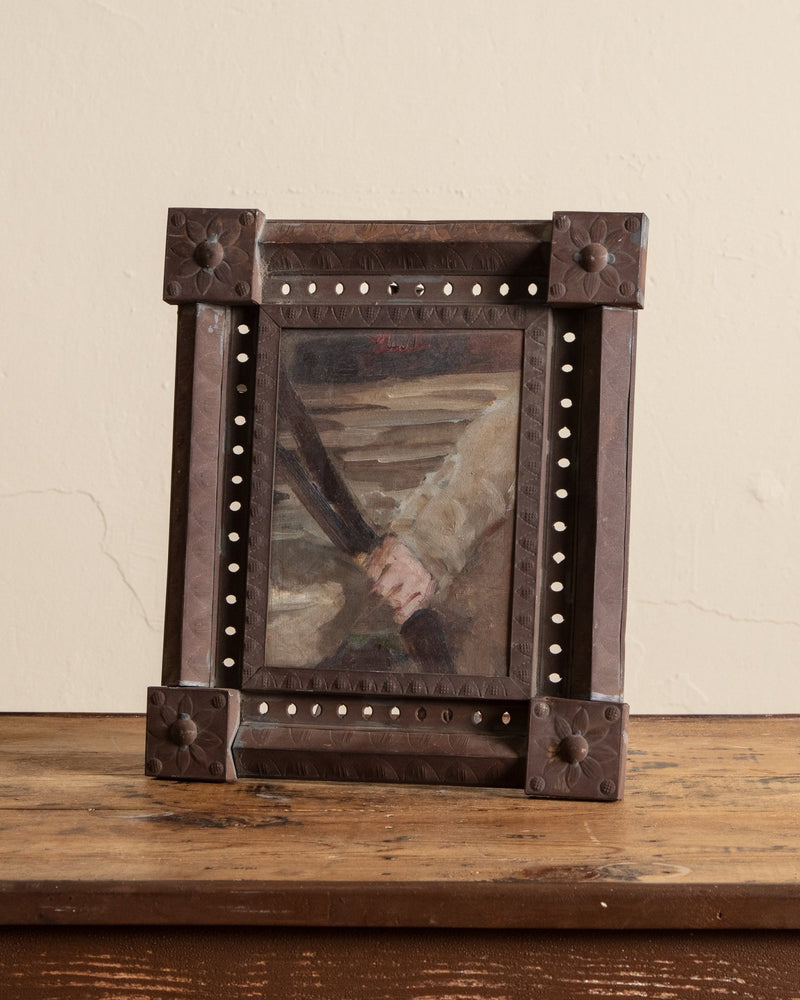 Figural Hand Painting in Unique Copper Frame - Lone Fox