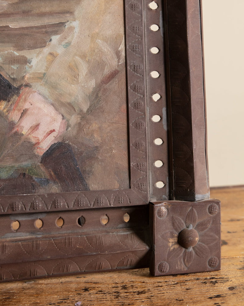 Figural Hand Painting in Unique Copper Frame - Lone Fox