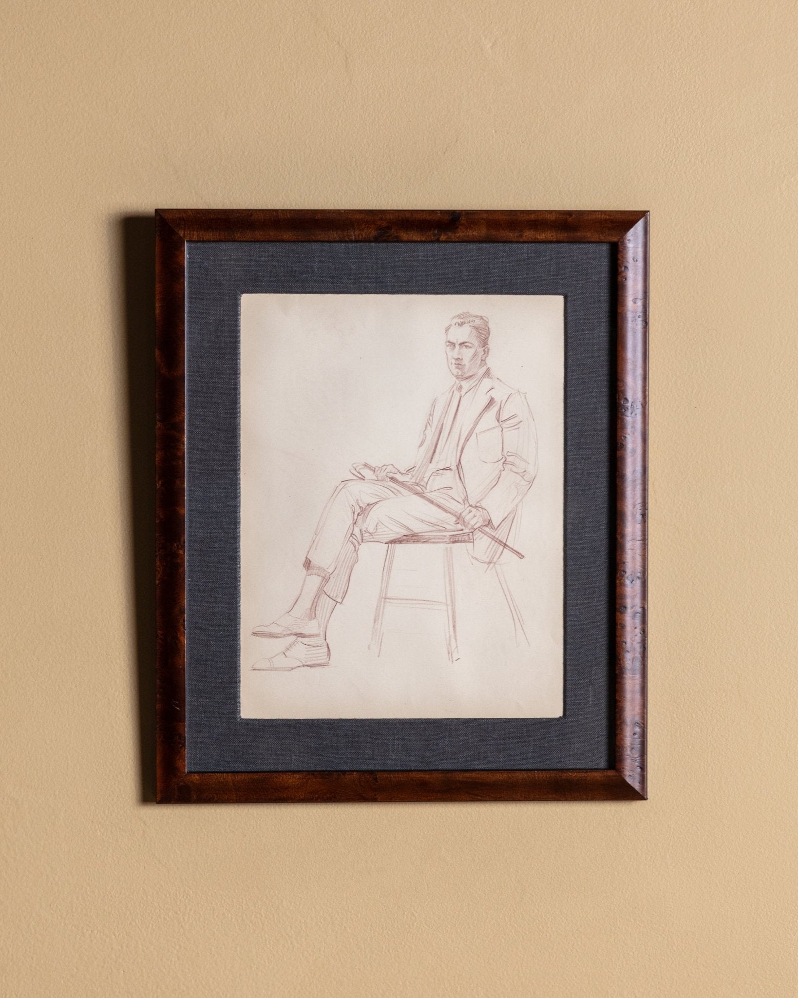 Figurative Seated Gentleman Pencil Sketch in Figured Brown Frame, 1940's - Lone Fox