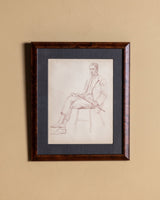 Figurative Seated Gentleman Pencil Sketch in Figured Brown Frame, 1940's - Lone Fox