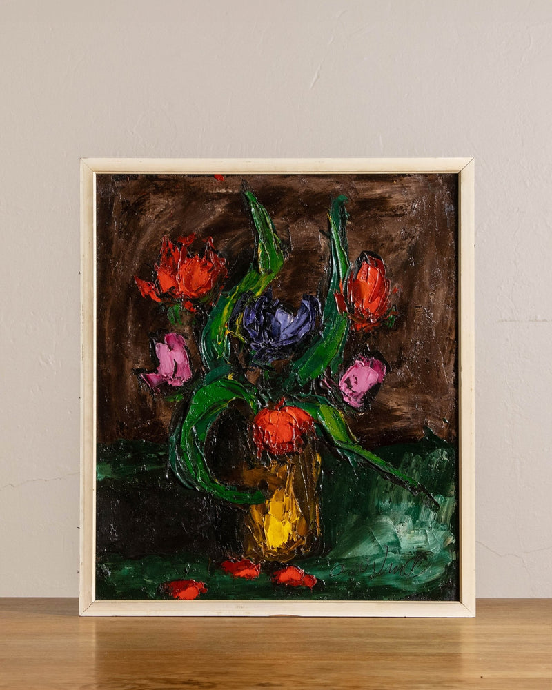 Floral Impasto Still Life Oil Painting by Adelbert Veno, 1950's - Lone Fox