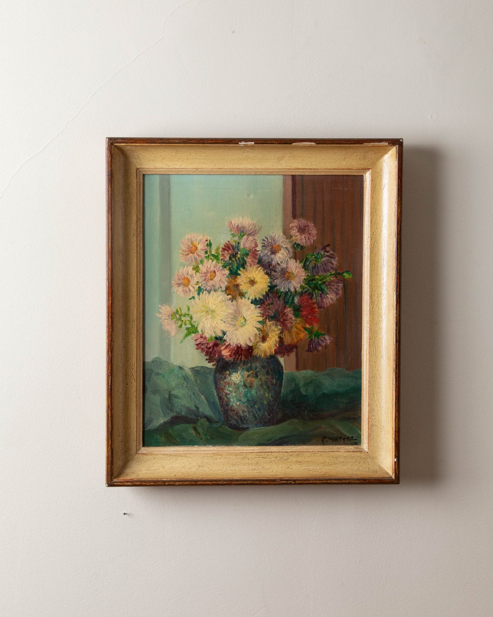 Floral Sill Life Oil Painting by F. Wattez, 1940's - Lone Fox