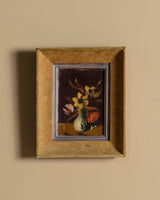 Floral Still Life in Mustard Velvet Frame, 1950's, Signed - Lone Fox