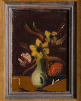 Floral Still Life in Mustard Velvet Frame, 1950's, Signed - Lone Fox