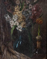 Florals & Striped Tablecloth Still Life Oil Painting, 1920's - Lone Fox