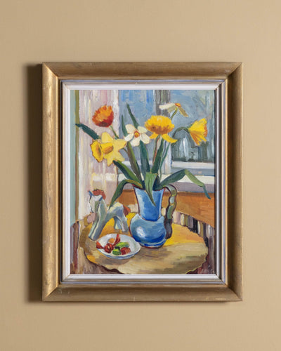 Flowers & Toy Horse Still Life Oil Painting, Sweden, 1950's - Lone Fox