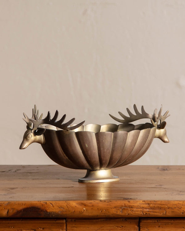 Fluted Brass Footed Bowl w/ Stag Heads - Lone Fox