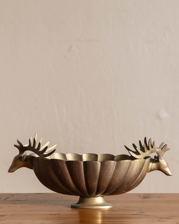 Fluted Brass Footed Bowl w/ Stag Heads - Lone Fox