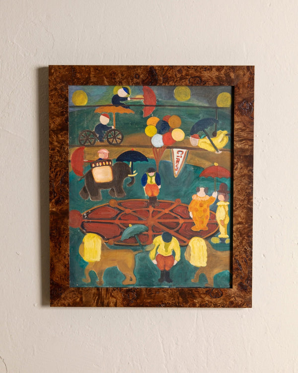 Folk Art Circus Painting in Burl Wood Frame, 1950's - Lone Fox
