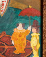 Folk Art Circus Painting in Burl Wood Frame, 1950's - Lone Fox