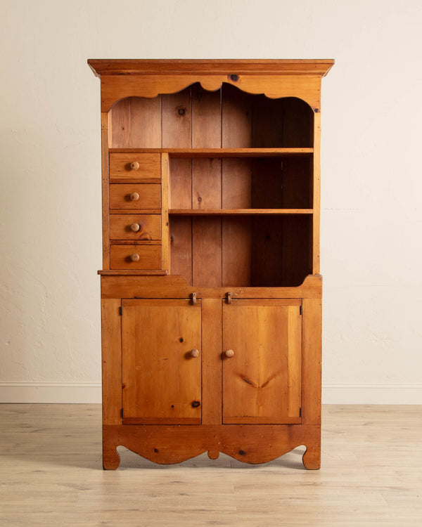 Folk Pine Stepback Hutch with Paneled Back, 1940's - Lone Fox