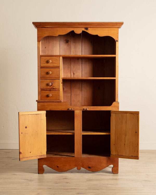 Folk Pine Stepback Hutch with Paneled Back, 1940's - Lone Fox