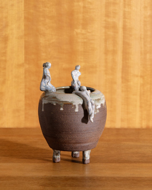 Footed Studio Pottery Vessel w/ Lounging Figures - Lone Fox