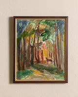 Forest Scene w/ Woman & Dog Oil Painting by Koshel, Ukraine, 1981 - Lone Fox